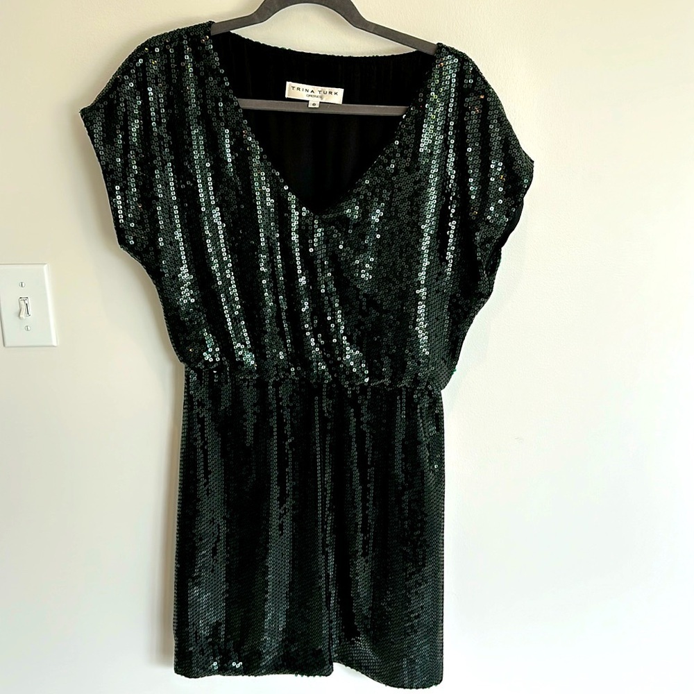 Trina Turk, size 8, goldfinger blouson dark green sequined dress - Picture 6 of 9
